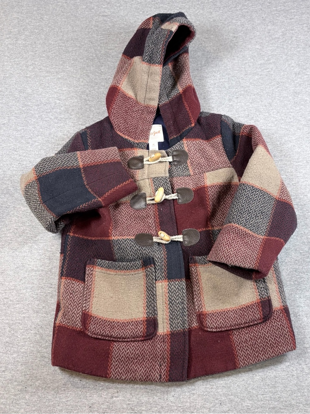 Cat & Jack Size 4T Checkered Plaid Wool Blend Hooded Duffle Coat - Picture 2 of 7